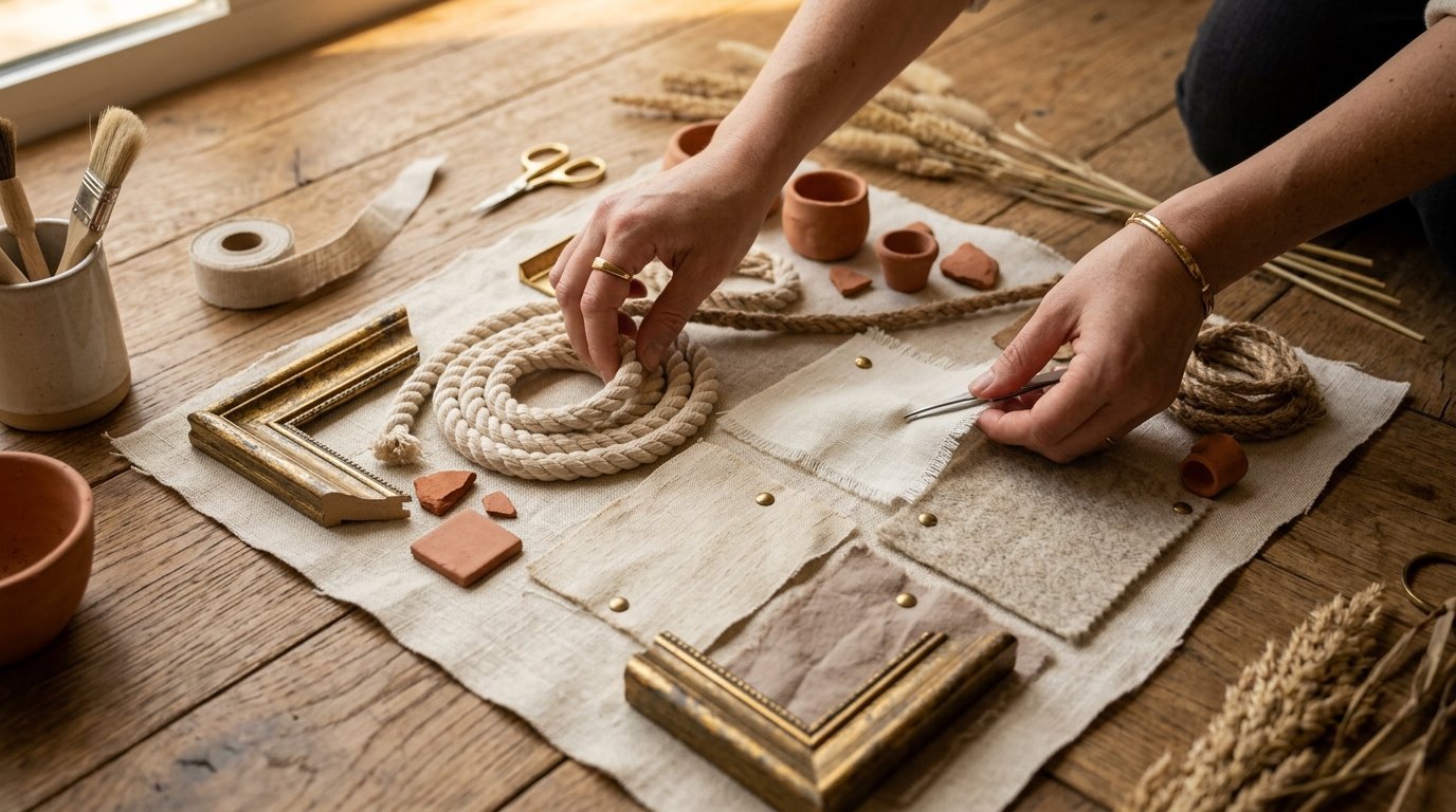 Close up of hands arranging rope, fabric swatches, and small clay pots on a linen base with gold frames nearby.