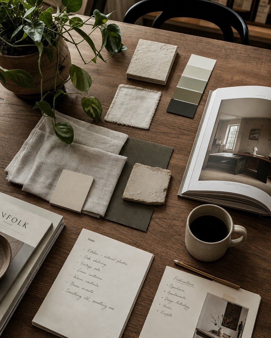 A wooden table holding linen swatches, paint chips, a coffee mug, and design journals.