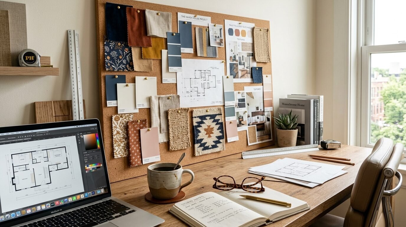 A messy office desk with a cork mood board covered in fabric swatches, paint chips, and floor plans.