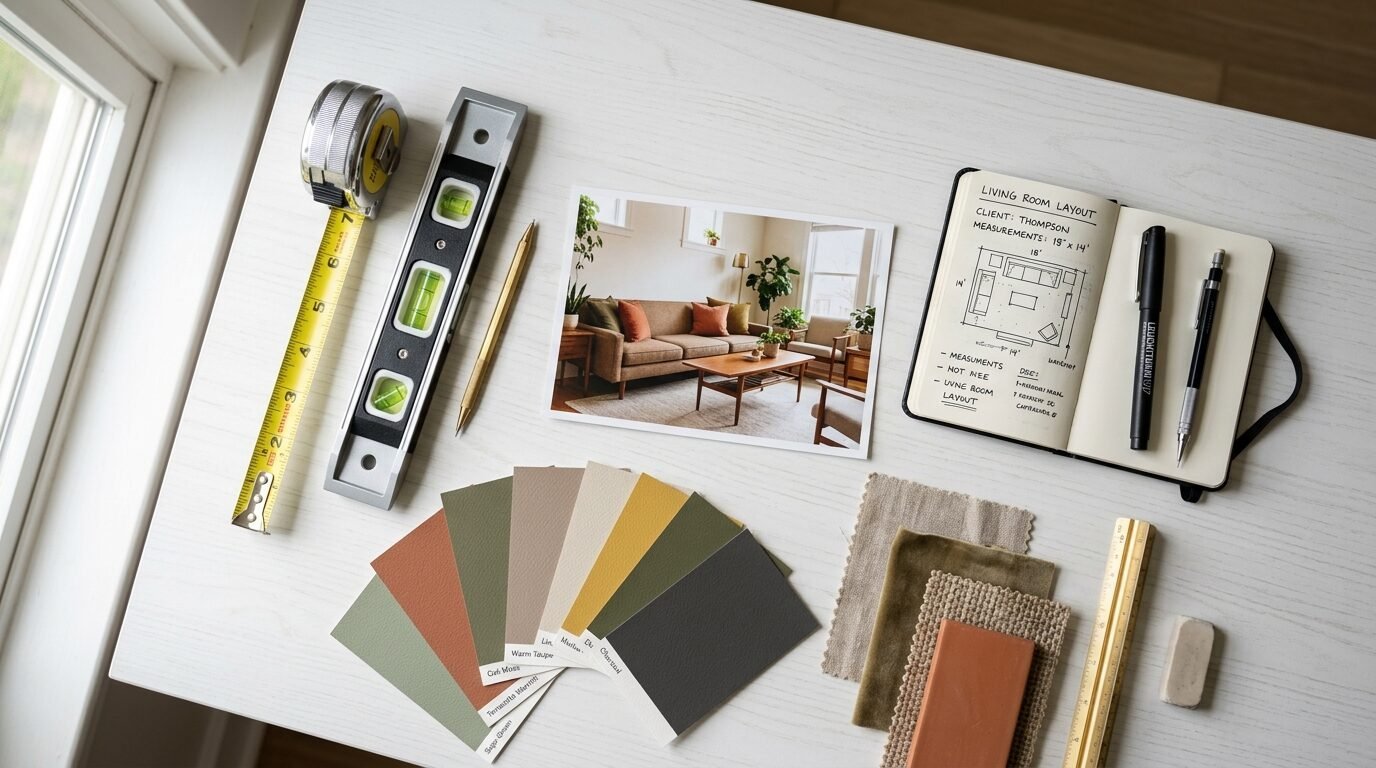 Top-down view of a designer desk with a room layout sketch, color samples, level, tape measure, and fabric textures.
