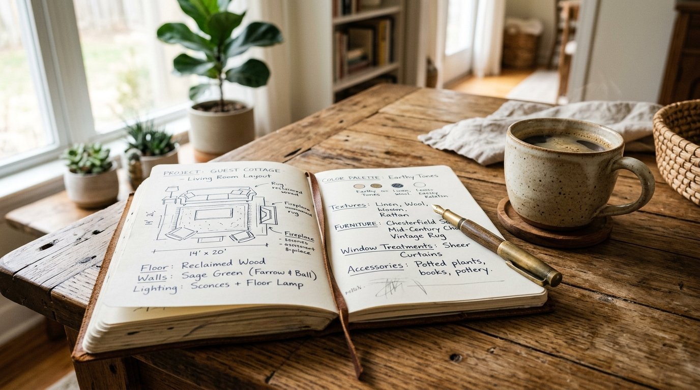 An open journal on a wooden table displaying a living room furniture layout sketch and handwritten design notes.