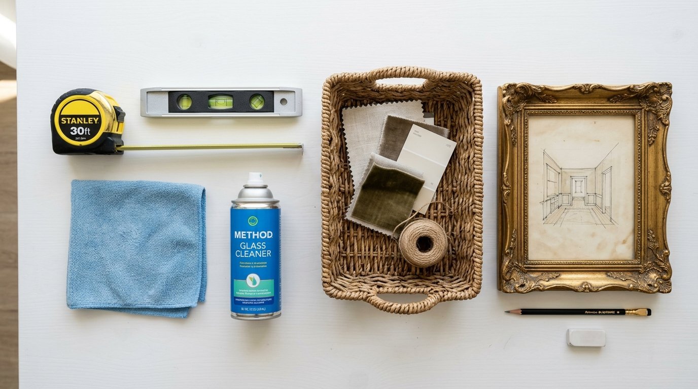 Top-down view of a measuring tape, level, glass cleaner, fabric swatches in a basket, and a framed room sketch.