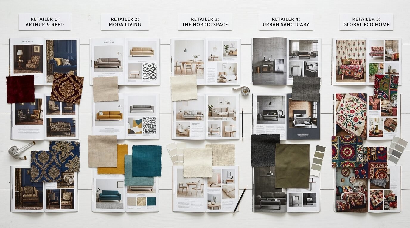 Top-down view of design catalogs for five brands featuring textile samples and color palettes on a white wood surface.