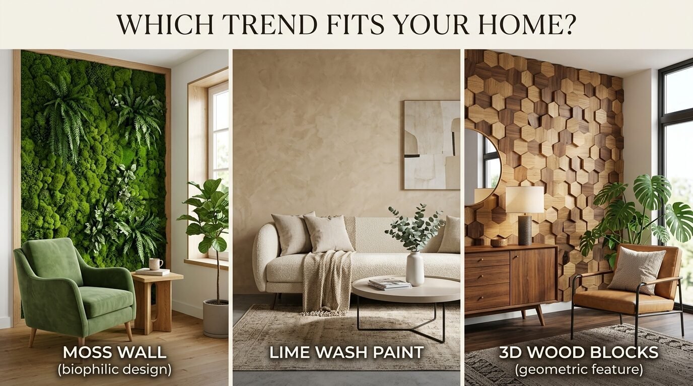 Comparison collage showing a moss wall, lime wash painted room, and a 3D hexagonal wood block accent wall.