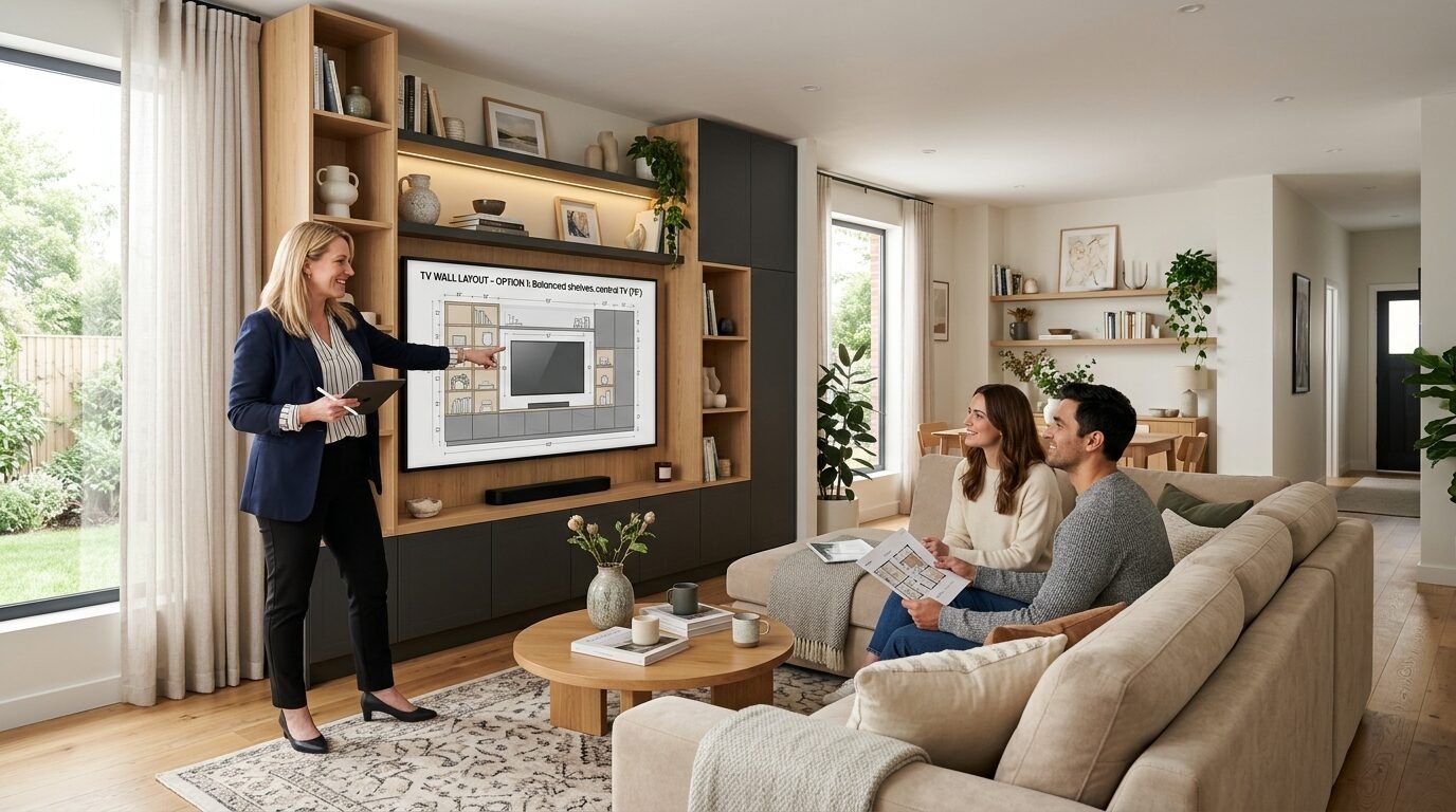 An interior designer points to a TV wall layout displayed on a screen for a couple sitting on a living room sofa.