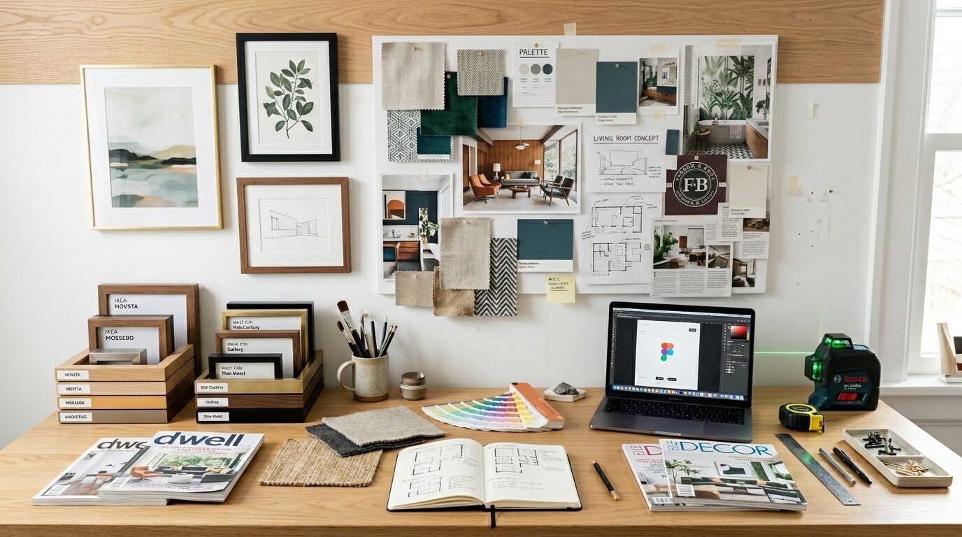 Desk with fabric swatches, design magazines, architectural floor plans, and a laptop showing design software.