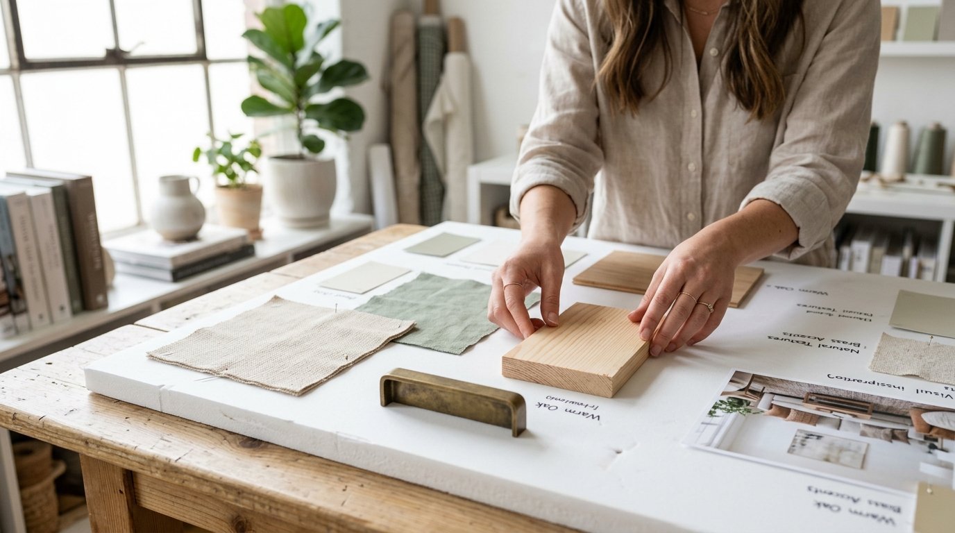 Close up of hands placing a light wood block on a design project board with fabric swatches and brass hardware.