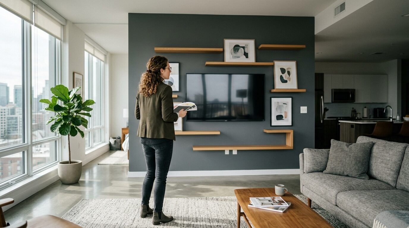 A person standing in a modern apartment holding color palettes while facing a gray wall with floating shelves and a TV.