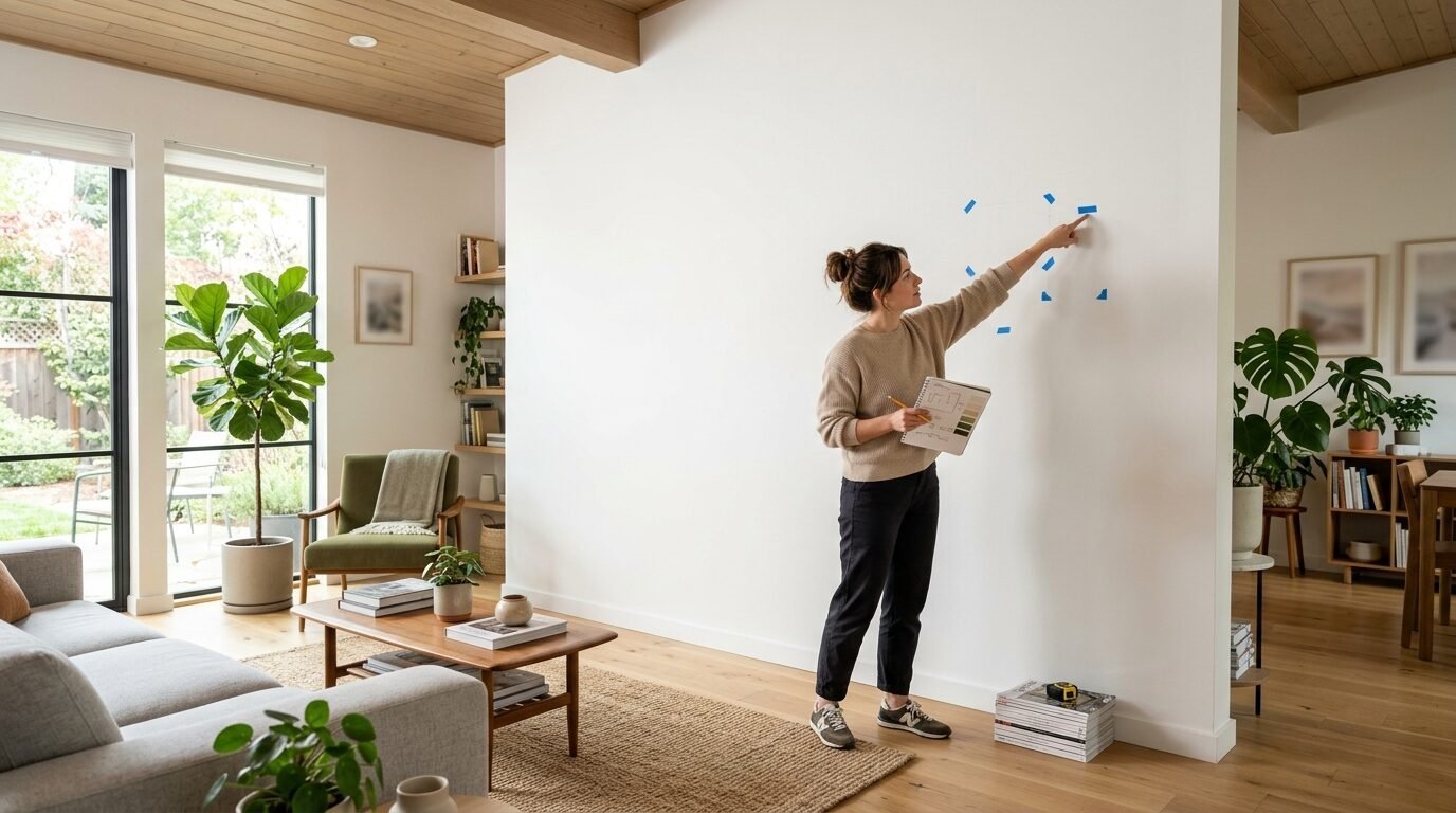 Woman holding a sketchbook points to blue tape markers on a living room wall to plan art placement.
