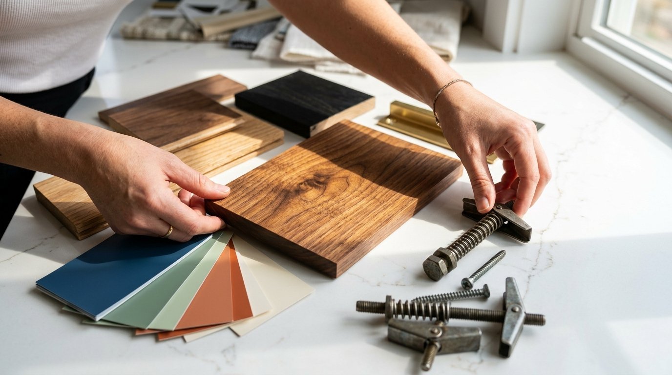 Close-up of hands reviewing wood grain blocks, paint swatches, and various metal toggle bolts on a marble surface.