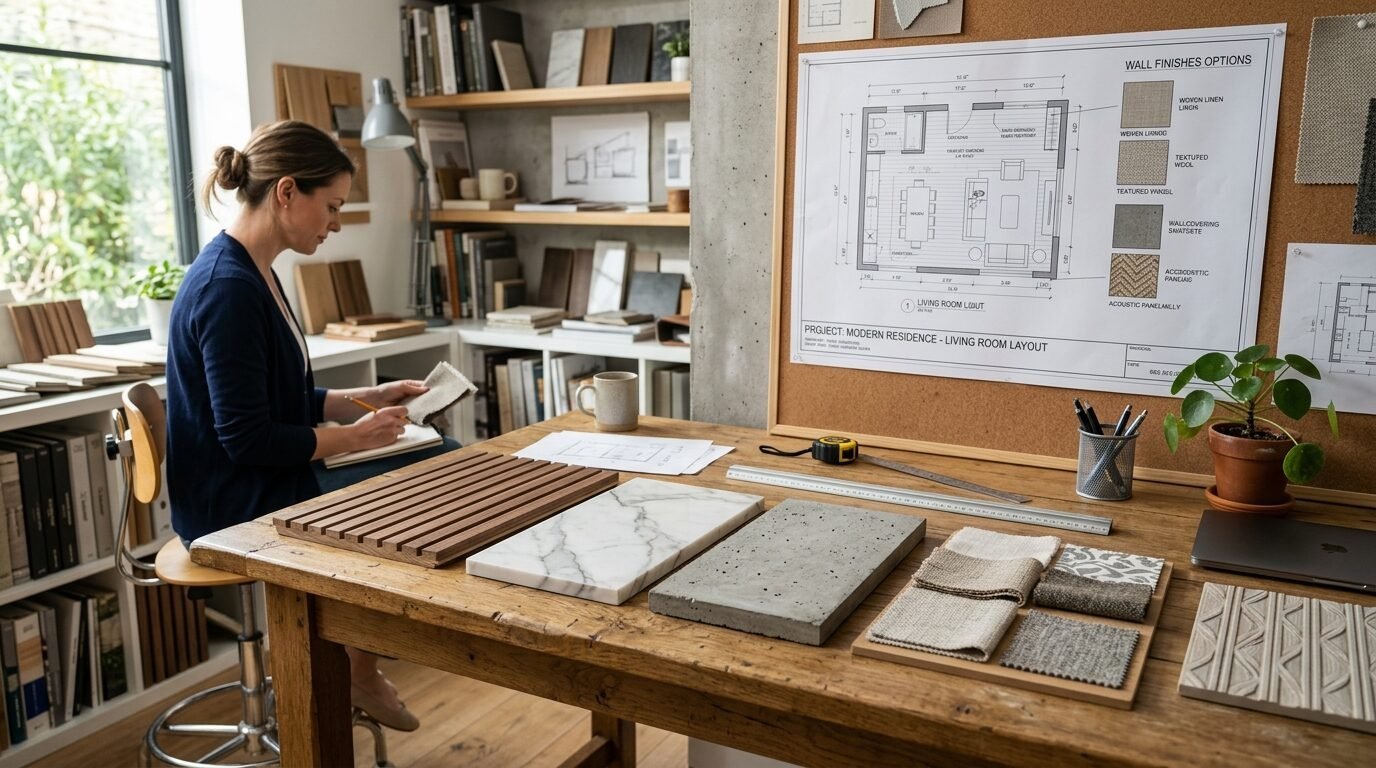 An interior designer sits at a desk with marble, concrete, and fabric samples pinned to a wall with floor plans.