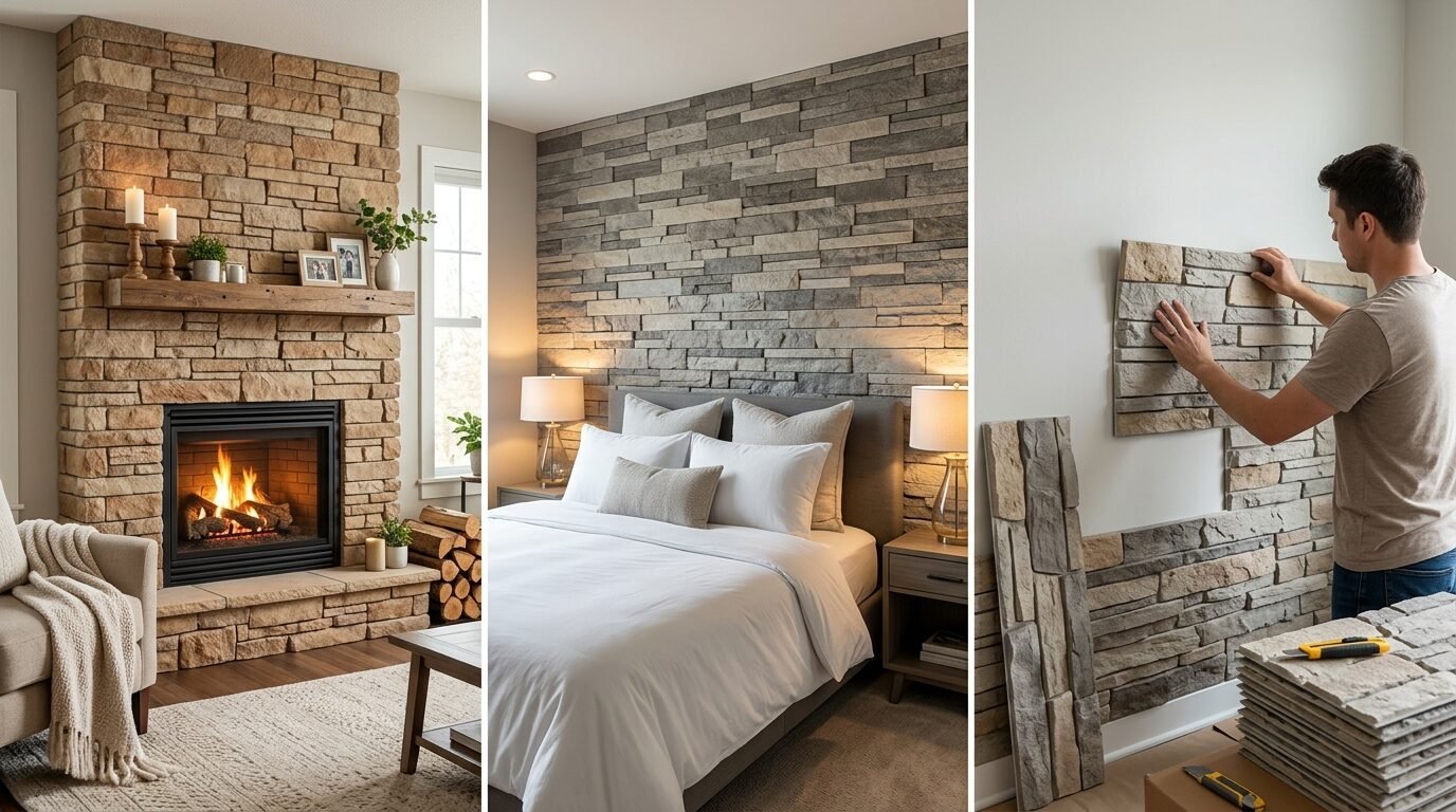 A triptych showing a stone fireplace, a stone bedroom accent wall, and a man installing stone wall panels.