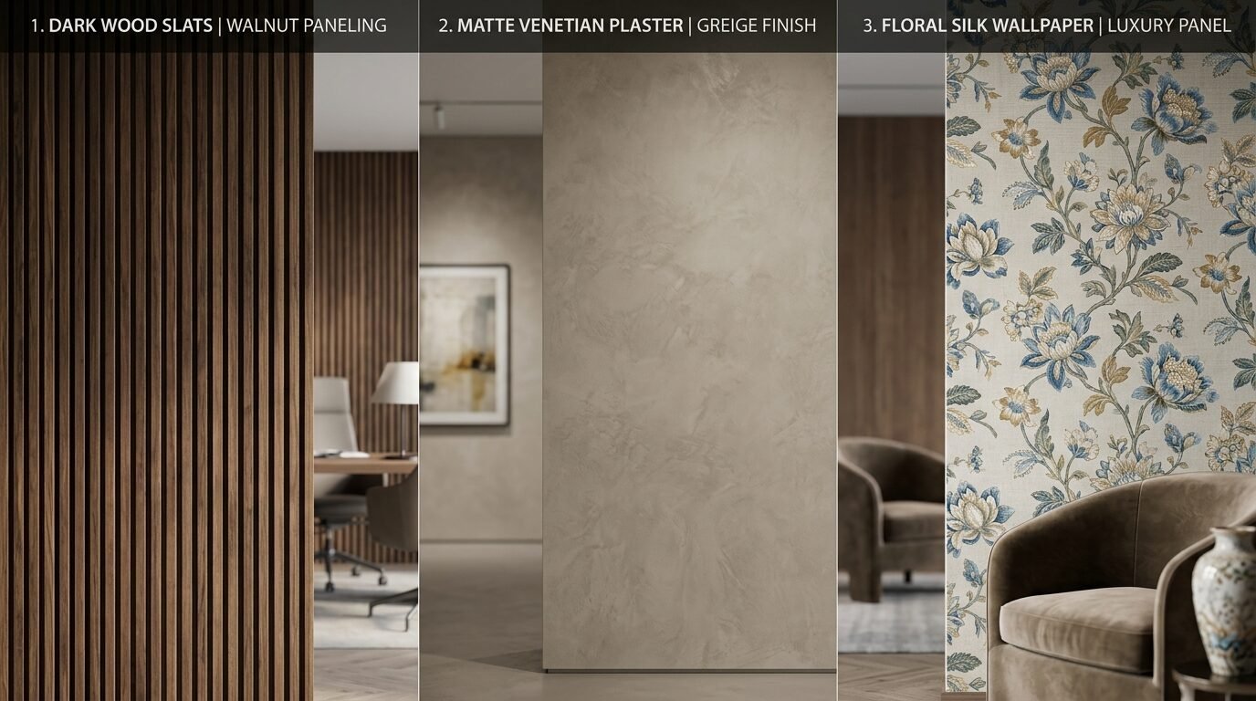 A collage showing three wall types: vertical walnut wood slats, beige Venetian plaster, and patterned floral silk wallpaper.