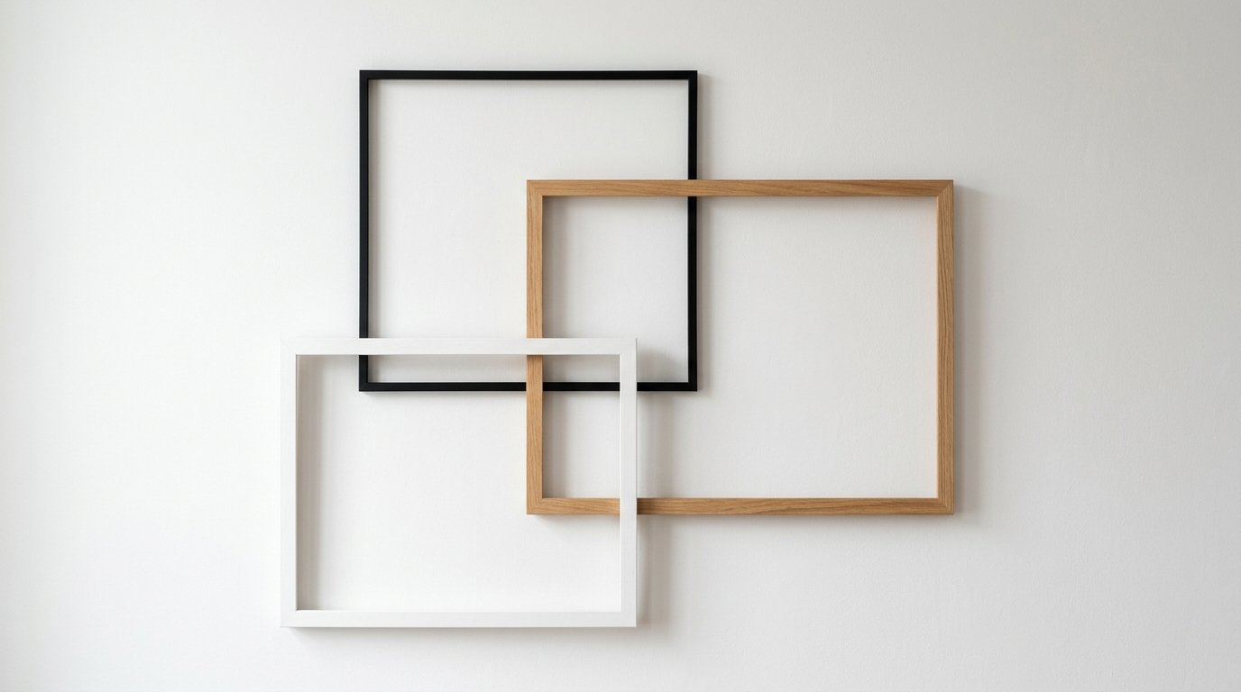 A black, white, and wood-grain empty frame arranged in an overlapping pattern on a white background.