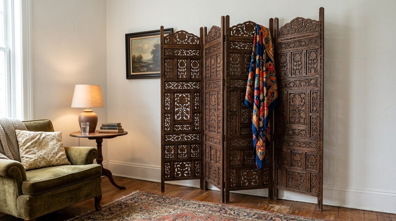 An ornate dark wood four-panel screen decorated with floral carvings and a colorful scarf in a living room.