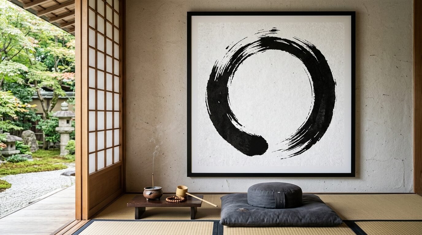 A serene room with tatami mats, a grey meditation cushion, and a large black ink circle painting on the wall.