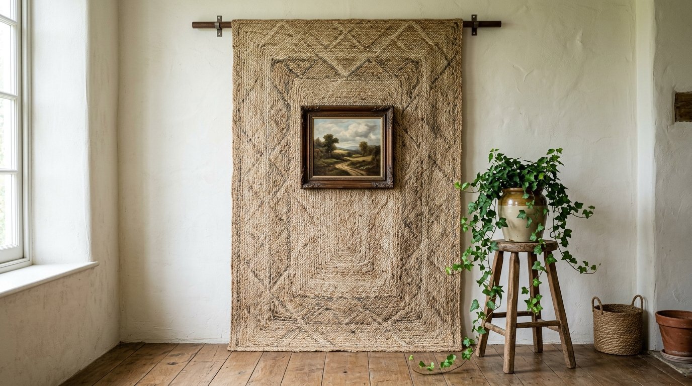 A rustic landscape oil painting hung over a large textured woven rug mounted on a wall near a wooden plant stand.
