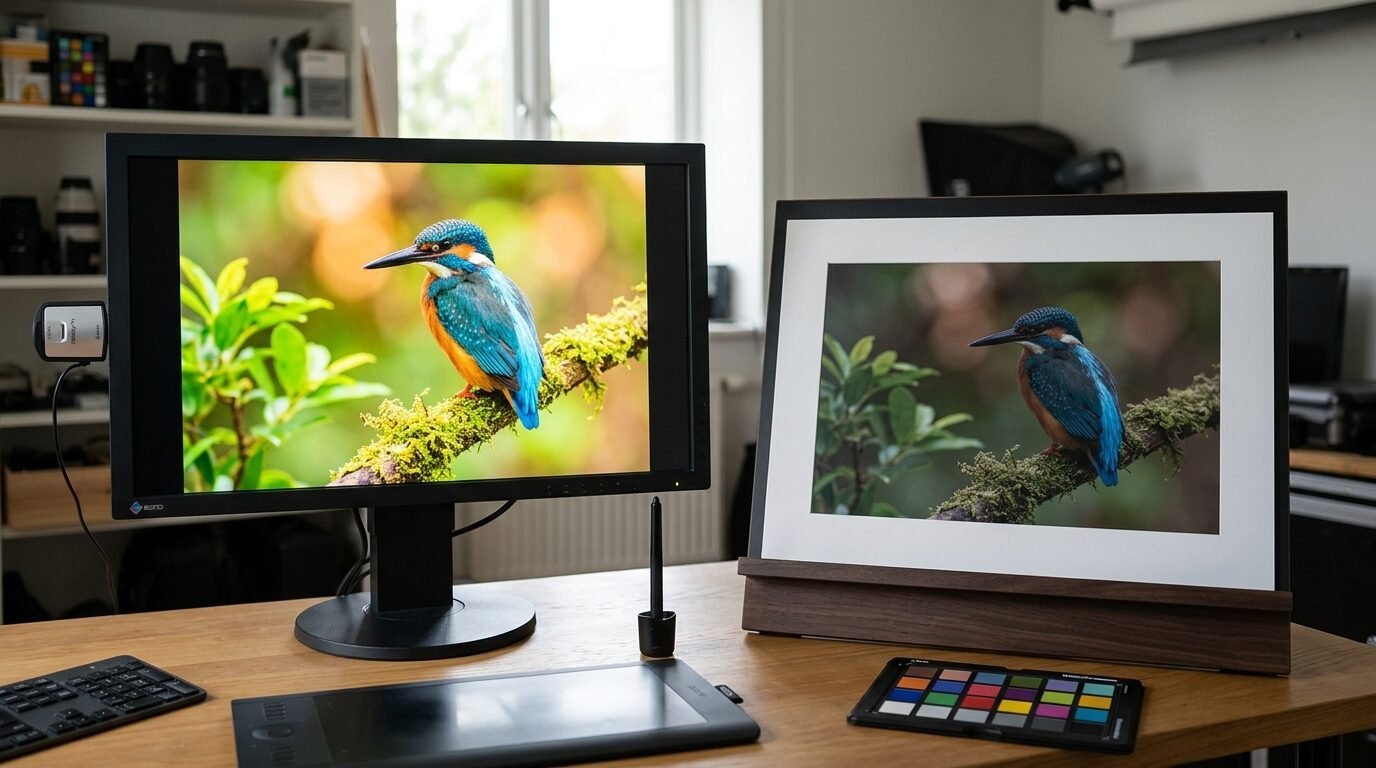 A computer monitor and a framed print displaying the same vibrant kingfisher photograph on a desk.