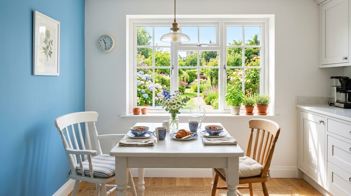 A rustic white dining table set for breakfast in front of a window looking out onto a colorful flower garden.