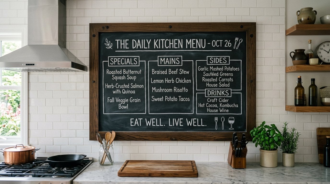 Decorative wood-framed chalkboard displaying food specials and mains mounted on a white subway tile backsplash.