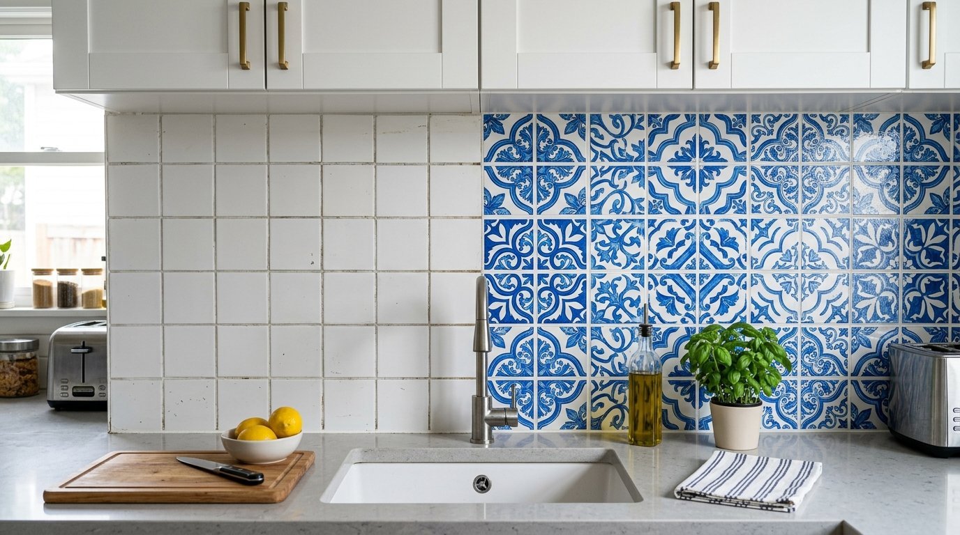 Close up of a kitchen counter with a white sink, lemon bowl, and wall decorated with patterned blue and white tiles.