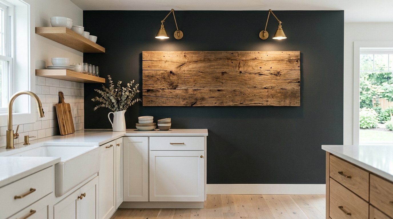 A large piece of horizontal reclaimed wood hanging on a dark navy kitchen wall with brass sconce lighting.