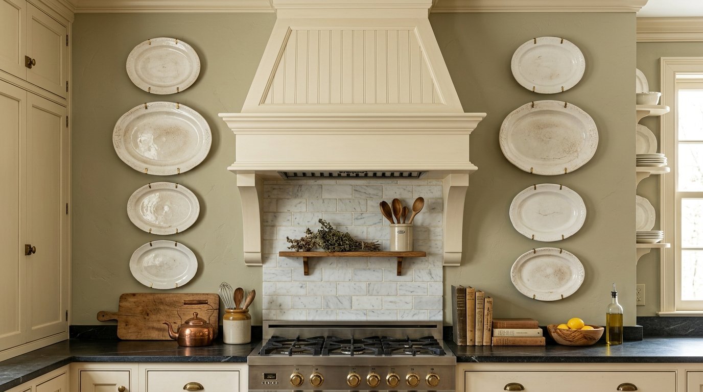 A beige kitchen stove area featuring symmetrical white plates hung on the wall and a wood shelf over the range.