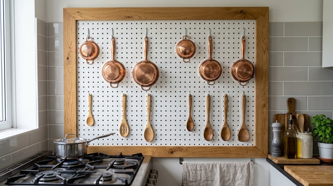 Copper colanders and wooden kitchen utensils hanging on a white wall-mounted pegboard.