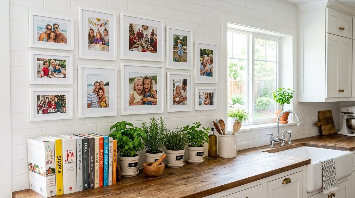 White subway tiled kitchen wall displaying framed family photos above a wooden countertop with potted herbs.