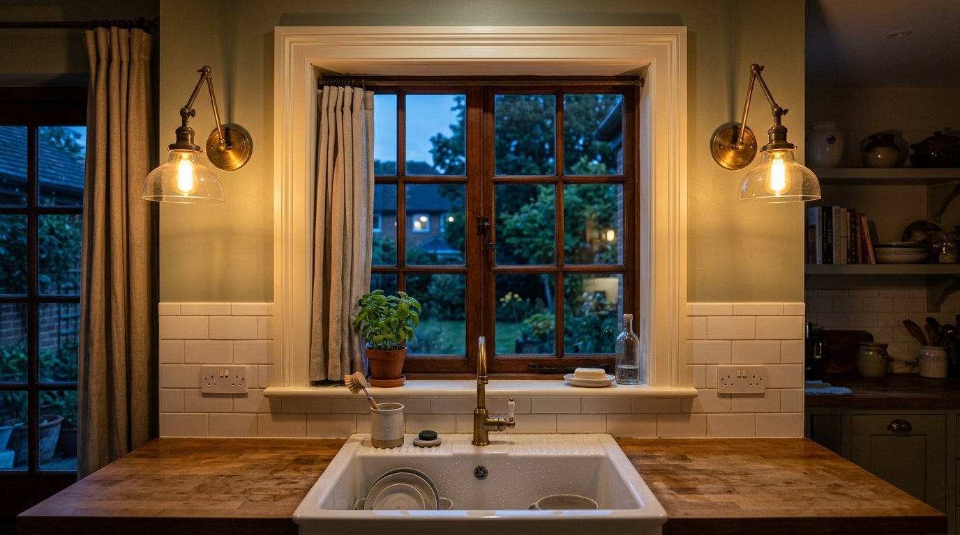 A farmhouse sink with wooden countertops sits beneath a window with a basil plant and brass wall lamps.