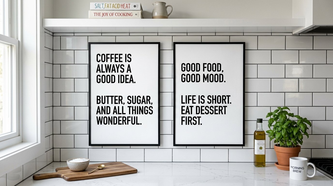 Twin framed kitchen wall prints featuring black quotes on white backgrounds above a subway tile backsplash.