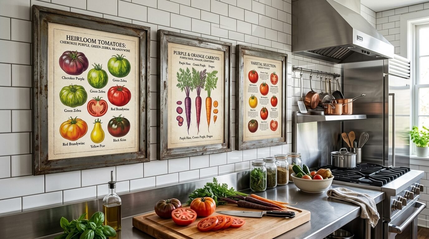 Three framed botanical posters of heirloom tomatoes and carrots hanging on a white subway tile kitchen backsplash.