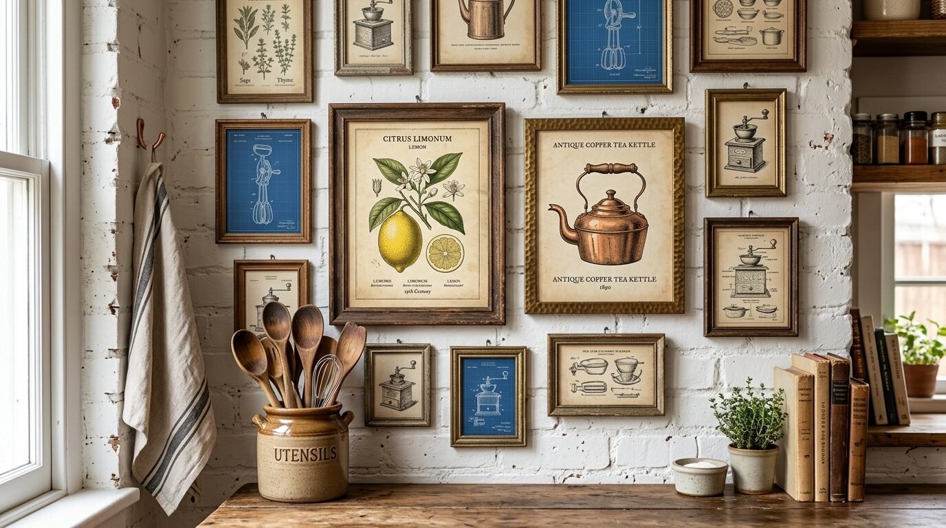Collection of framed botanical and kitchen appliance prints hanging above a rustic wooden kitchen counter.