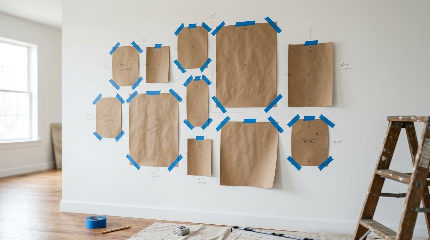 Brown craft paper cutouts taped to a white wall to plan a photo gallery arrangement with a wooden ladder nearby.