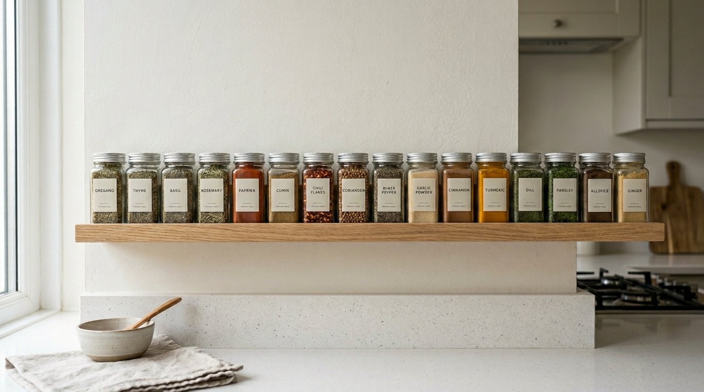 Seventeen glass spice jars with white labels arranged neatly on a floating oak kitchen shelf.