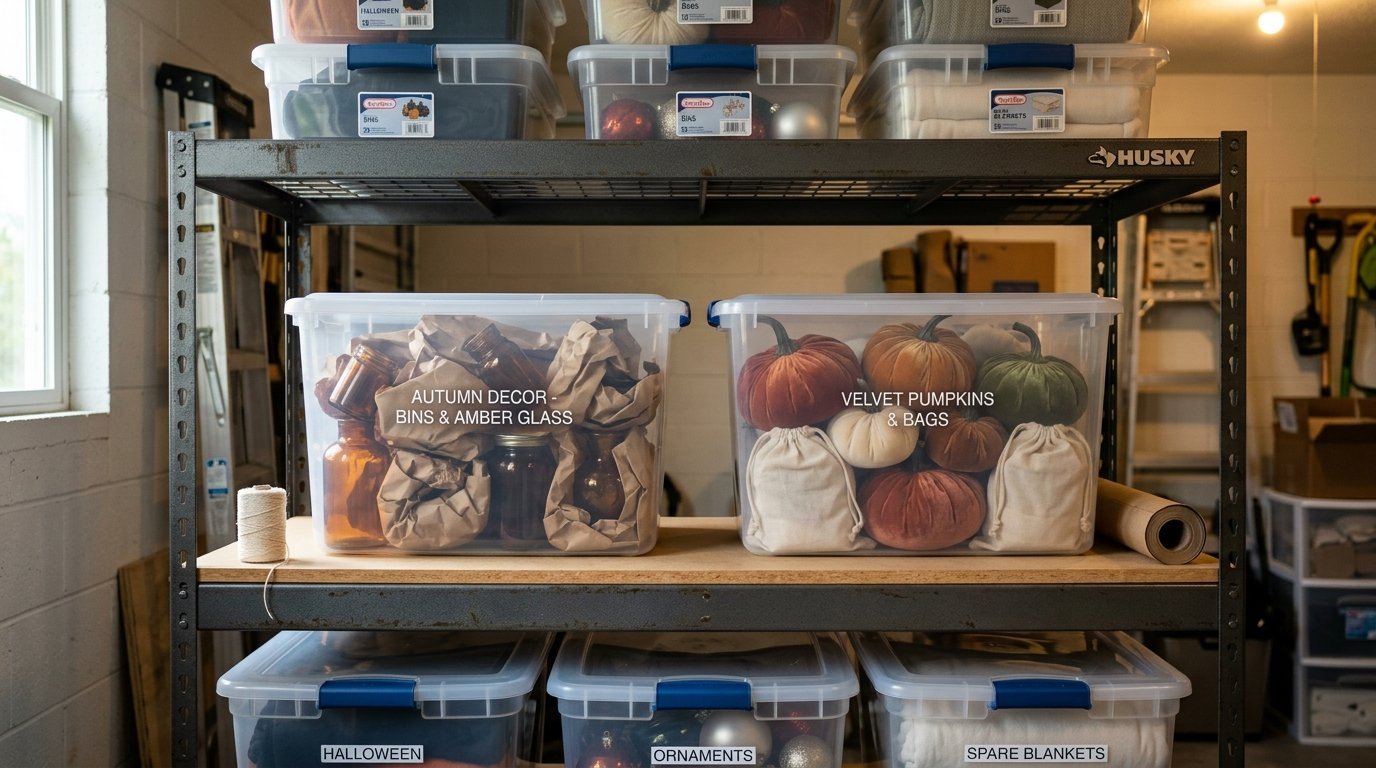 Plastic bins containing velvet pumpkins and amber glass jars stored on industrial Husky shelving unit.