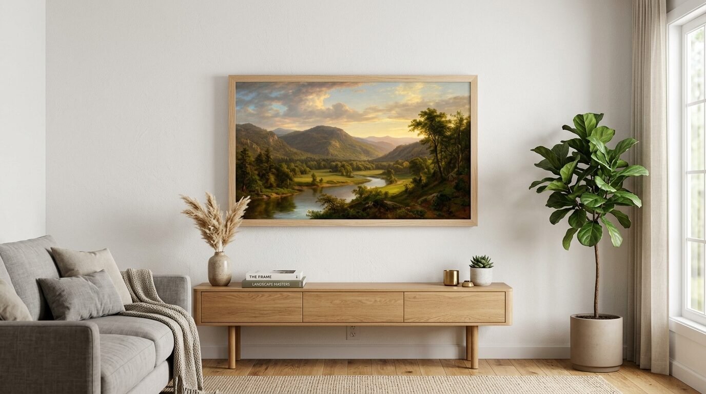 A classical river valley landscape painting hanging on a white wall above a wooden console table and sofa.