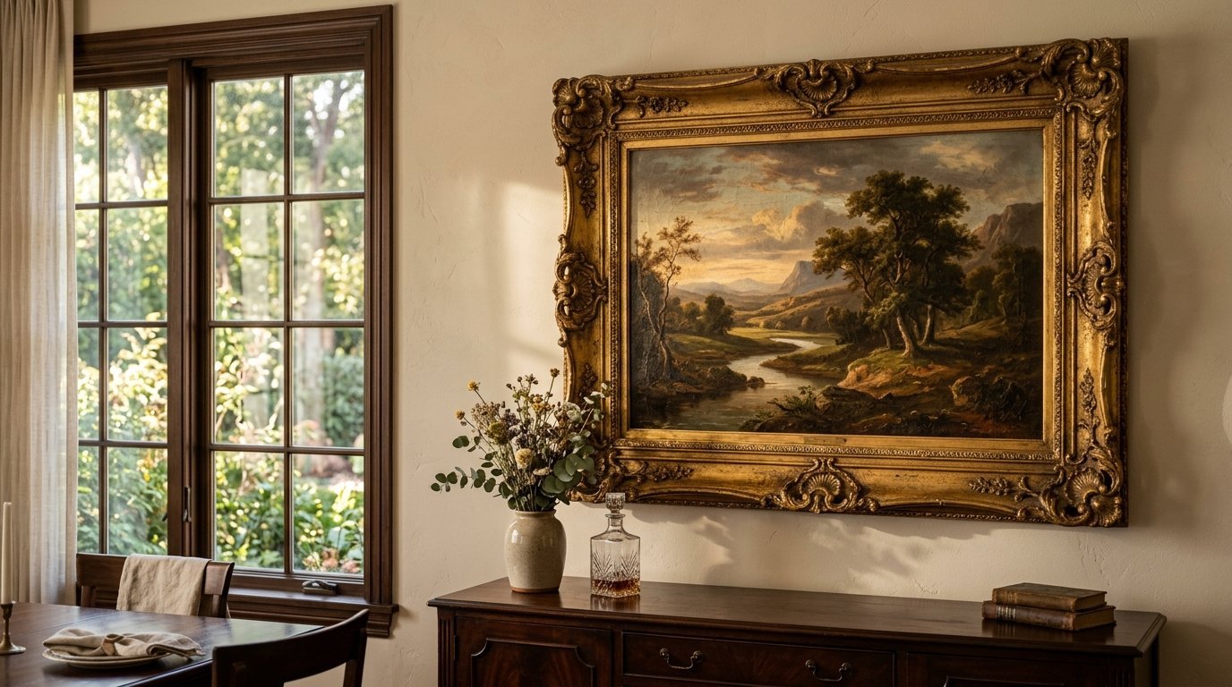 An antique landscape painting in a heavy gold frame hanging above a wooden sideboard near a window.