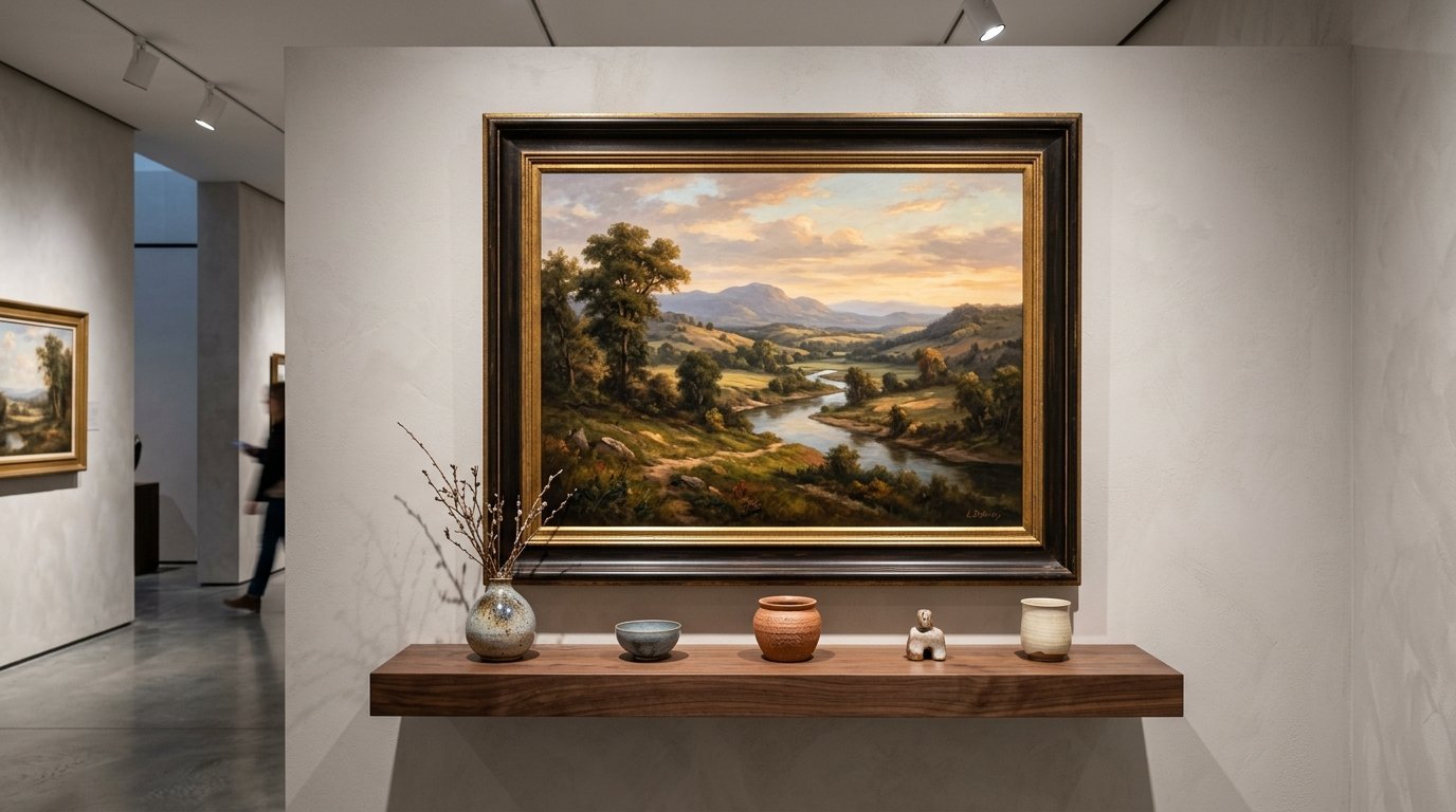 Oil landscape painting of a river valley hanging on a wall above a wooden shelf with ceramic pottery.