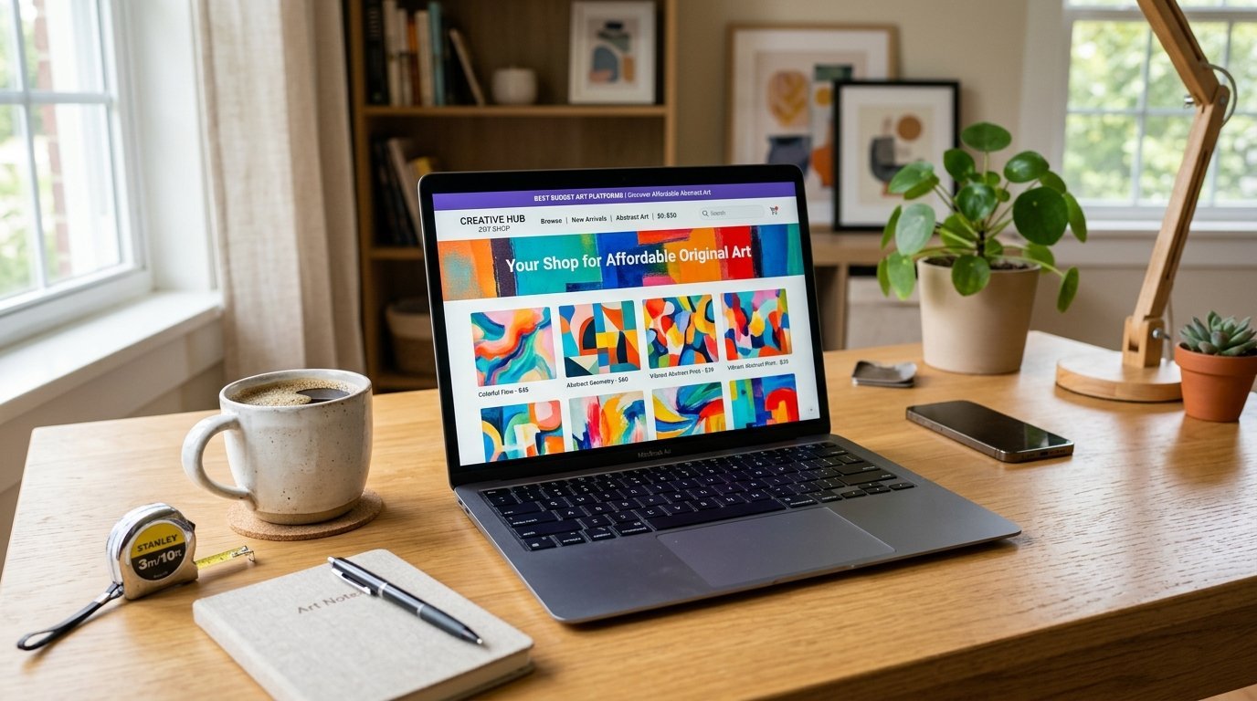 Laptop on a wooden desk showing an e-commerce art shop with colorful abstract print thumbnails.