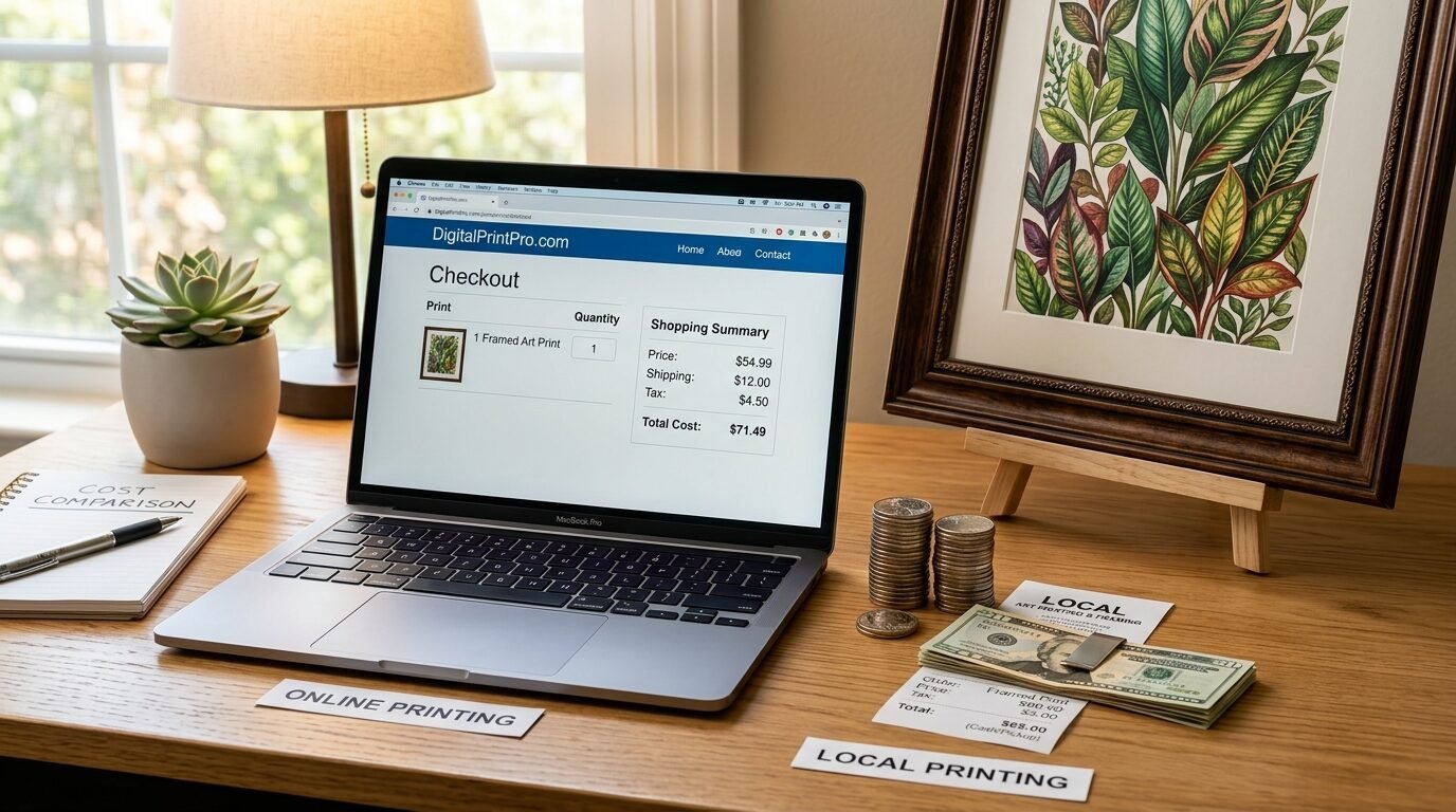 A laptop screen showing an online checkout total next to cash, coins, and a framed botanical art print.