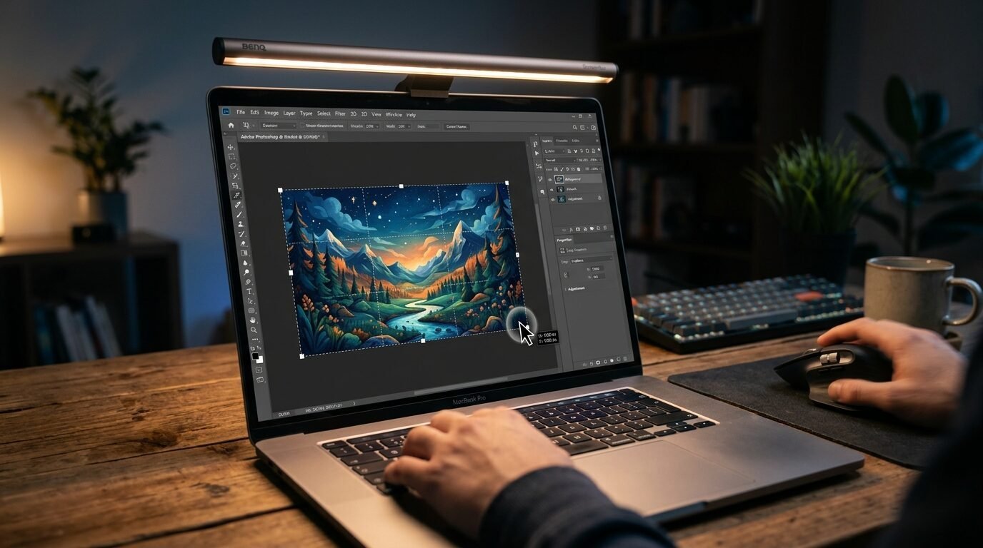 Close-up of a person using Photoshop on a laptop at a wooden desk with a monitor light bar above the screen.