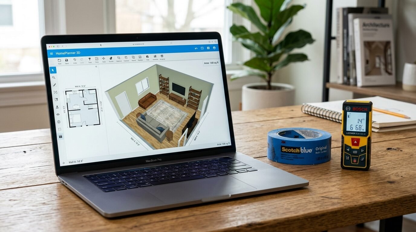 A Macbook Pro screen displaying 3D interior design software next to a Bosch laser measure and blue painters tape.