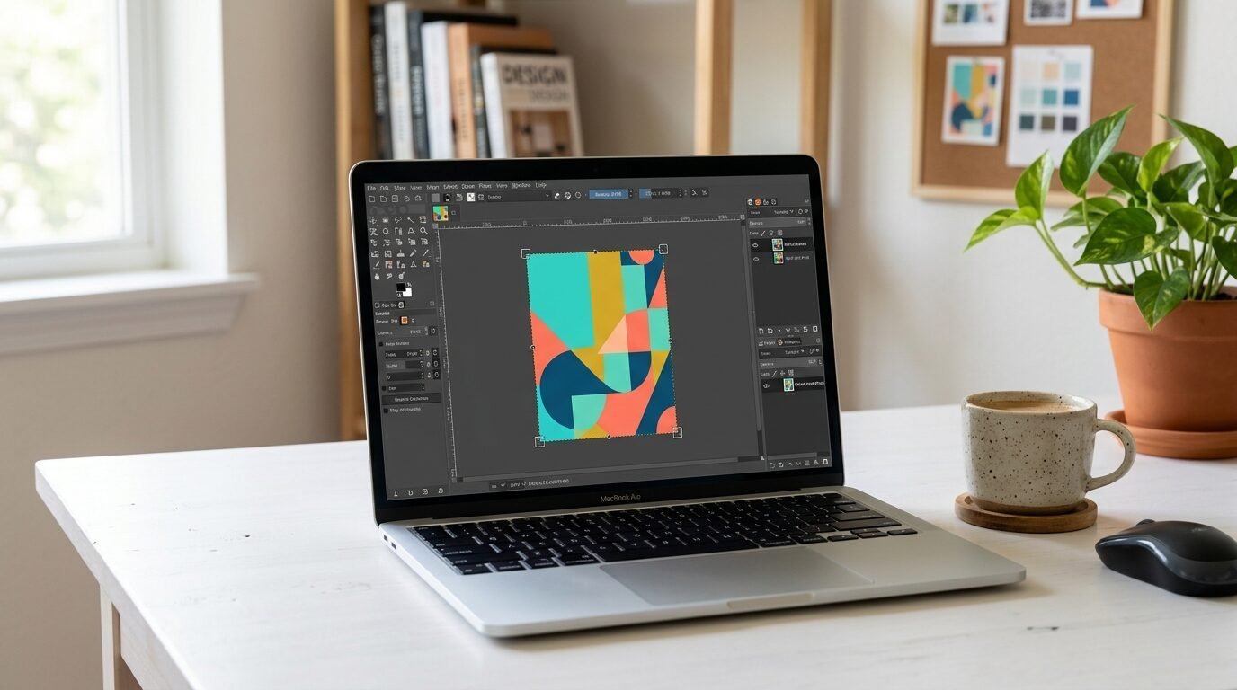 A laptop computer displaying an abstract geometric art project in design software on a clean white workspace.