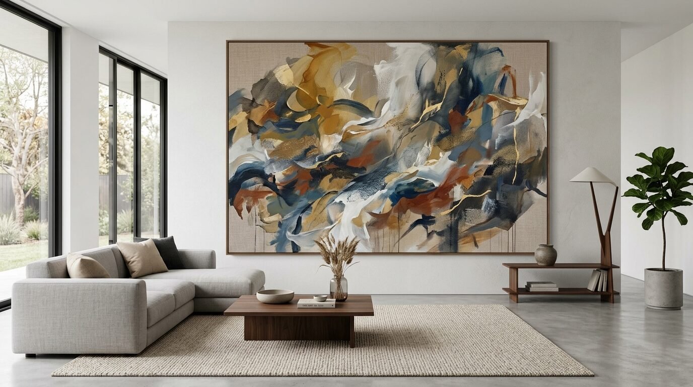 Contemporary oversized colorful abstract artwork centered on a white wall in a minimalist living room interior.