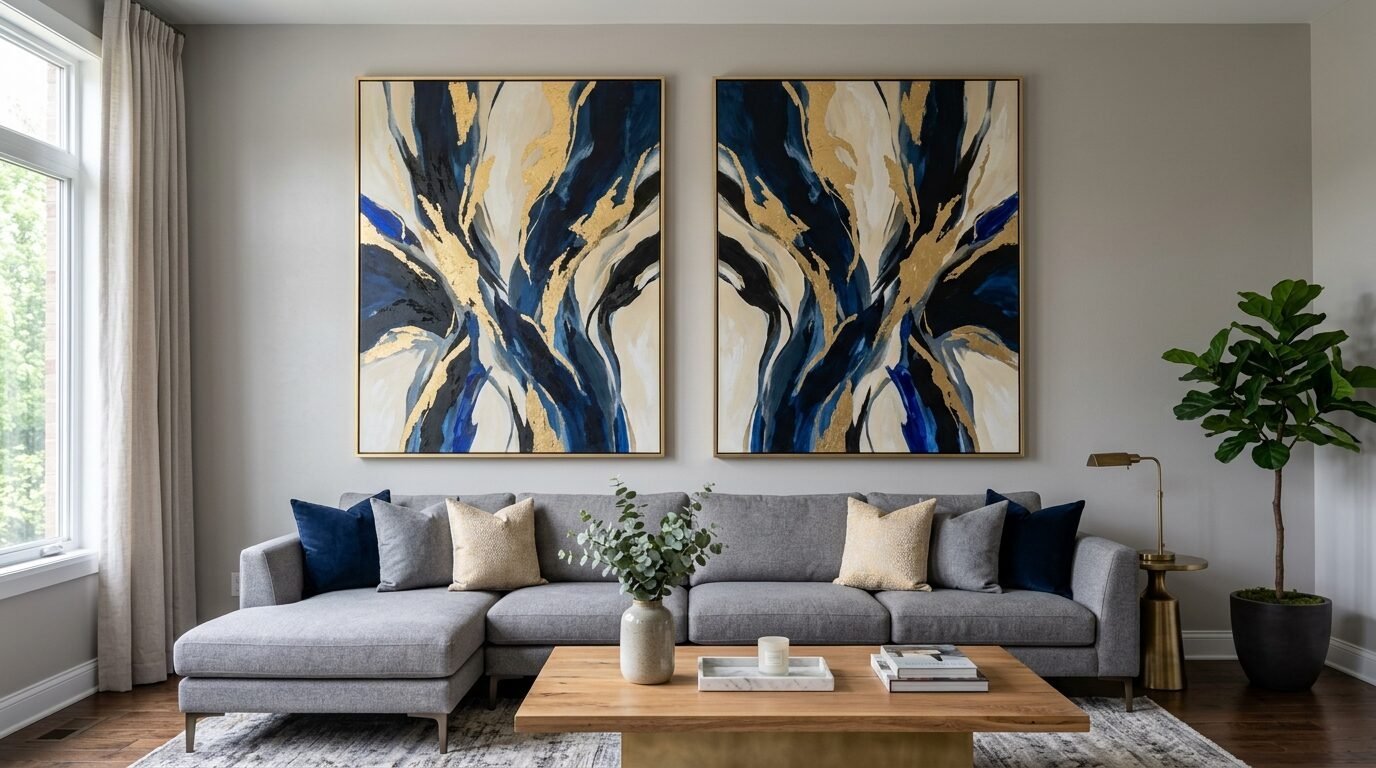 Contemporary living room featuring navy, gold, and cream abstract wall art paired with a grey sofa and wood coffee table.