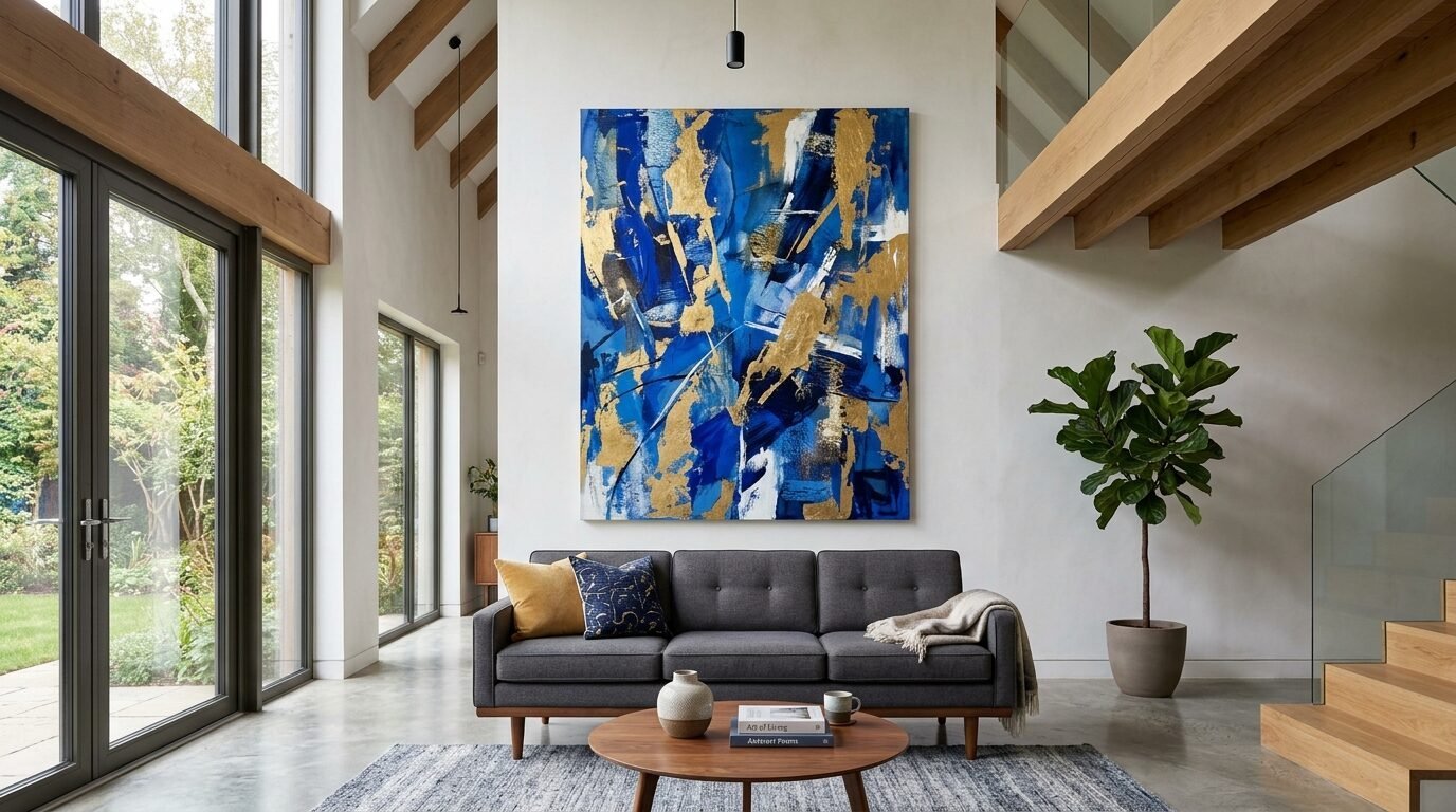 A vibrant blue and gold abstract canvas hangs on a white wall above a grey mid-century style couch.