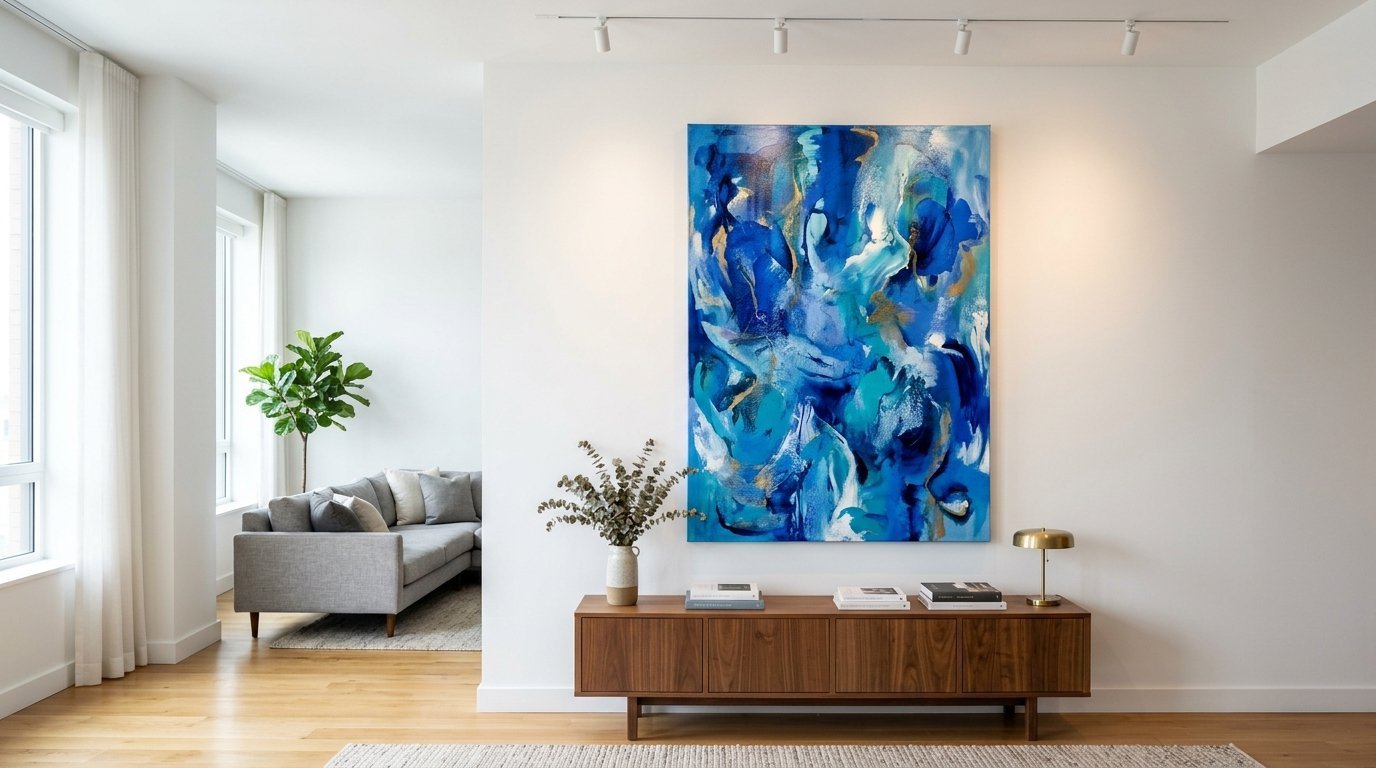 Vibrant blue and gold abstract canvas art piece displayed above a mid-century wooden media console.