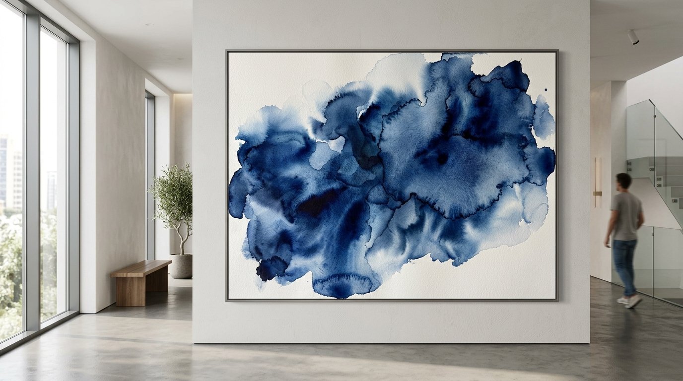 Large framed blue watercolor ink splash painting displayed on a clean white wall in a modern bright hallway.