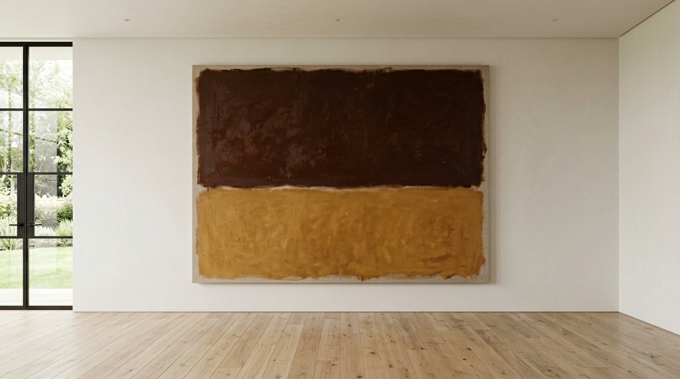 A two-tone brown and ochre textured oil painting on a plain white wall above light wood flooring.